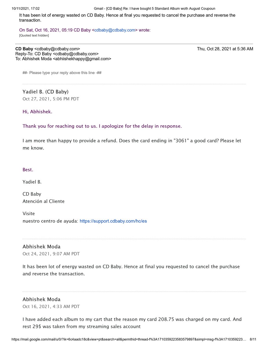 AbhishekModa's tweet photo. @cdbaby
  complaint id #2921616 
 (PART 2 ) 237.75$ which you pulled from my card unauthorisedly. Hence you are requested to refund 475.50 $ along with banking Charges of 10/11/2021 unauthorised transaction with 3 days. https://t.co/PpweCEg4J0