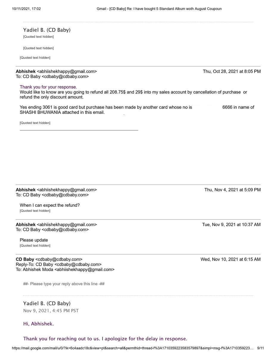 AbhishekModa's tweet photo. @cdbaby

  complaint id #2921616 
 (PART 3 ) Till now showned up lots of patience. Your action force to take legal help to get thing sorted. and i have attached 11 files in 3 tweet for knowledge https://t.co/wR1CXTY01s