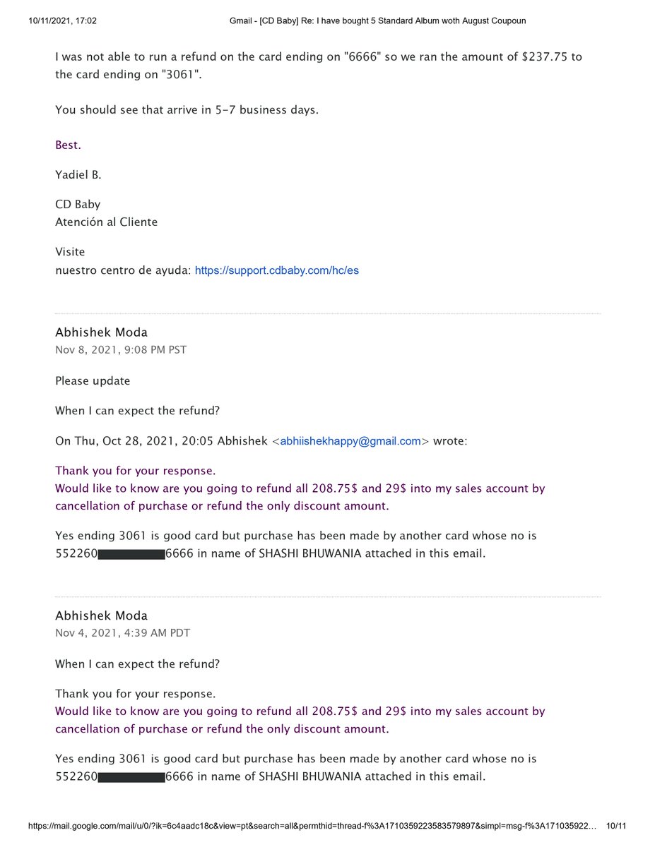 AbhishekModa's tweet photo. @cdbaby

  complaint id #2921616 
 (PART 3 ) Till now showned up lots of patience. Your action force to take legal help to get thing sorted. and i have attached 11 files in 3 tweet for knowledge https://t.co/wR1CXTY01s
