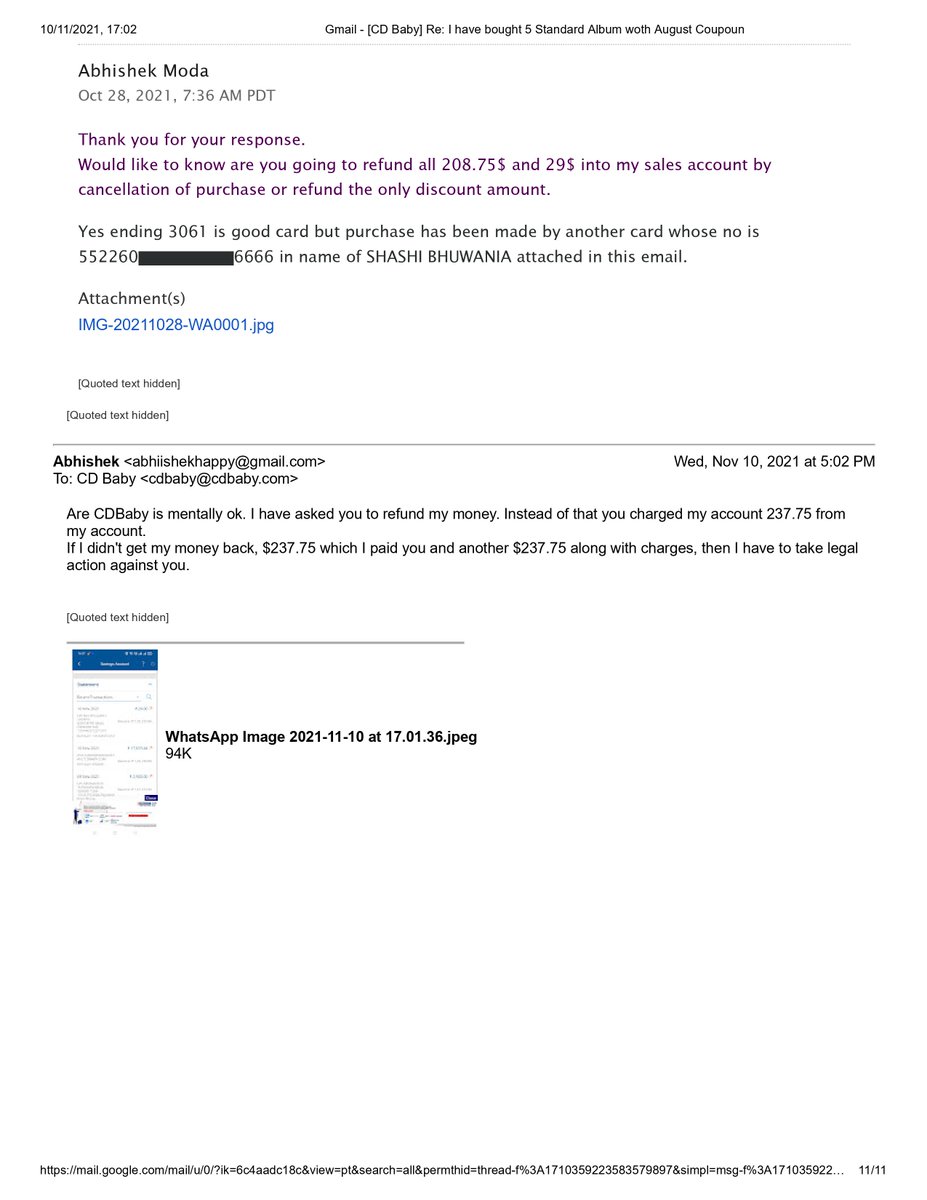 AbhishekModa's tweet photo. @cdbaby

  complaint id #2921616 
 (PART 3 ) Till now showned up lots of patience. Your action force to take legal help to get thing sorted. and i have attached 11 files in 3 tweet for knowledge https://t.co/wR1CXTY01s