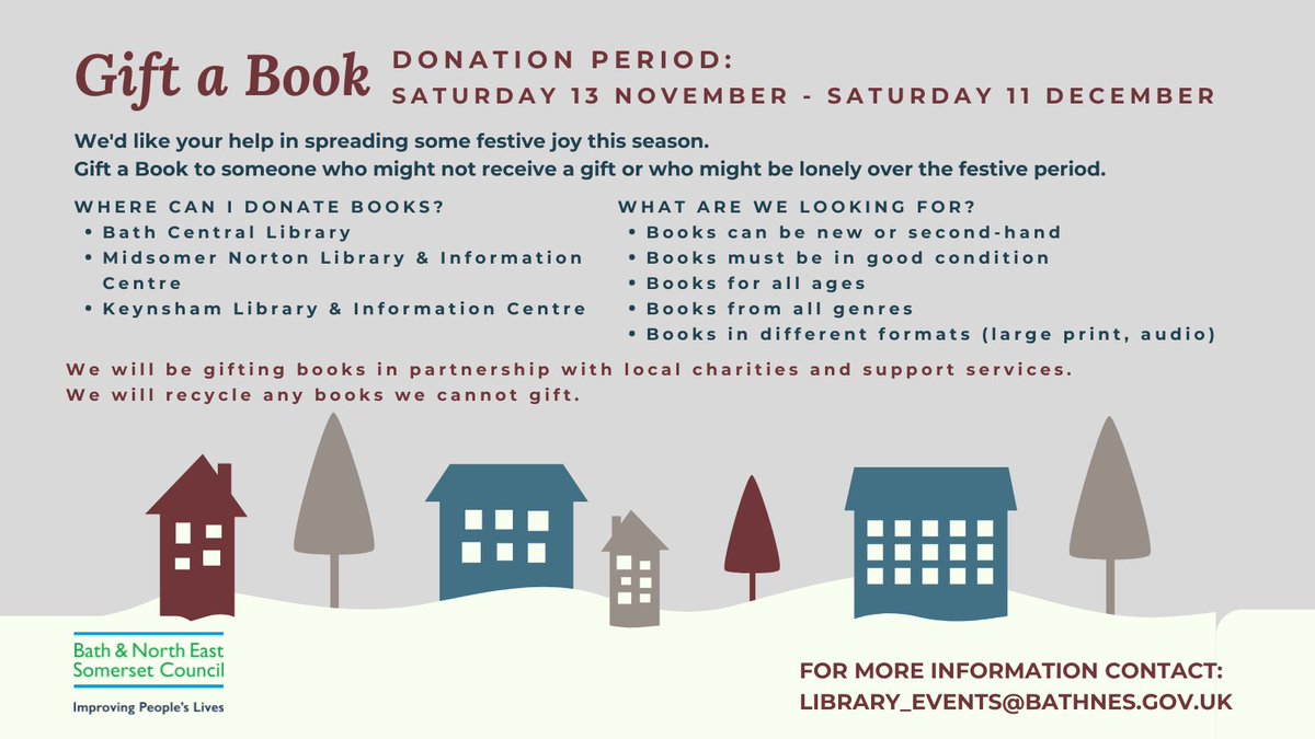 We have launched our 2021 Gift a Book campaign!🤩 ❄️📚

Our libraries are inviting book donations, to be gifted to people in the community who may not otherwise receive a Christmas present.

#BathnesLibraries #GiftABook #SpreadSomeJoy