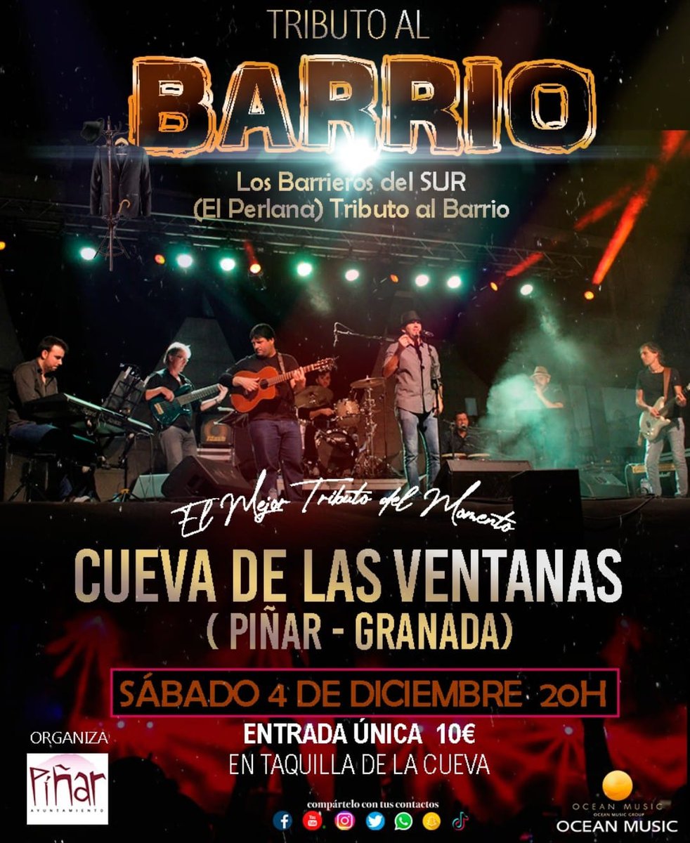 💃¡Vuelven los conciertos a nuestra #CuevaDeLasVentanas! Habrá un 'Tributo al Barrio' de la mano de Los Barrieros del SUR, el sábado 4 de diciembre a las 20:00 horas. ¿Te lo vas a perder? Consigue tu entrada en la recepción de la Cueva, en el Ayuntamiento #HacemosPíñar ❤