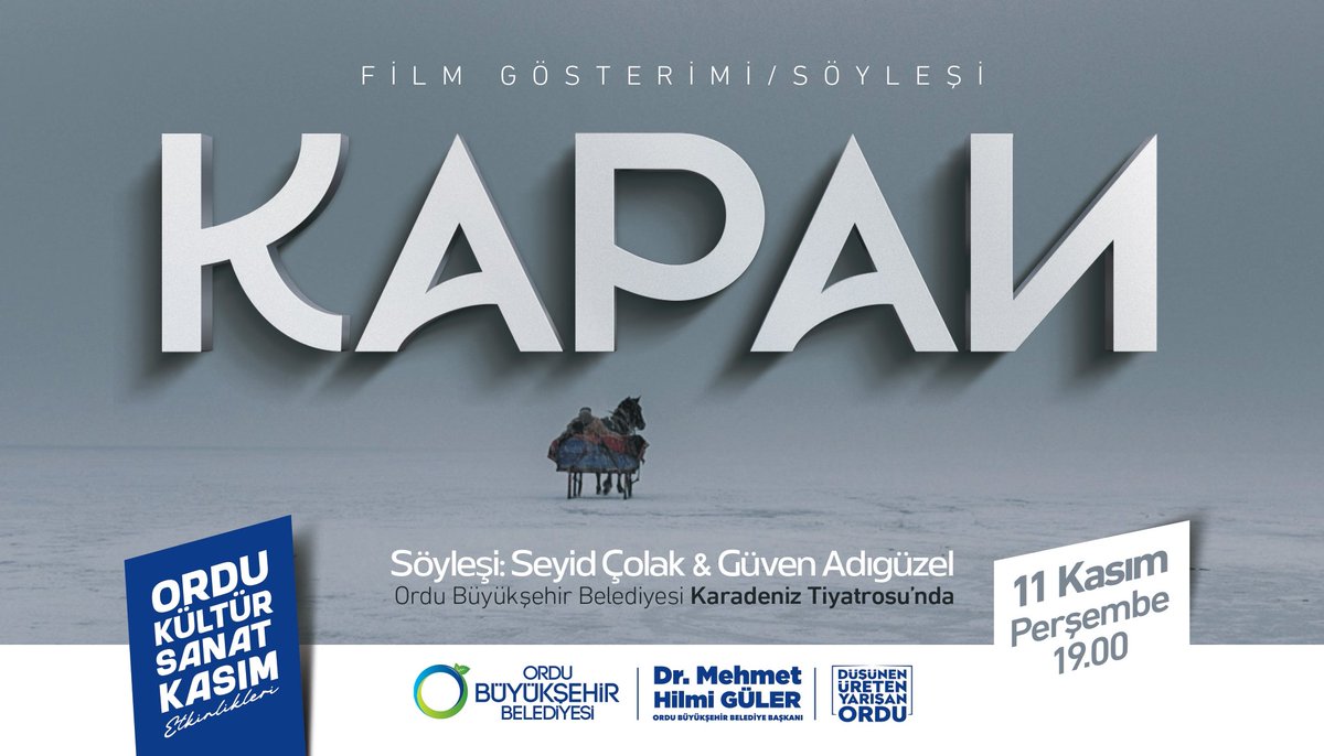 Kapan filmimiz Ordu'da seyirciyle buluşuyor. Filmimizin senaristi Güven Adıgüzel'le birlikte söyleşimiz olacaktır.  
İlgilisini bekleriz...😊

🗓️ 11 KASIM PERŞEMBE
⏰ 19:00
📍 Ordu Büyükşehir Belediyesi Karadeniz Tiyatrosu