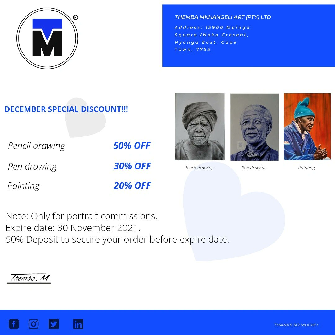As I promised!!!! Only 20 days to place your order.

December commission portraits special!

#thembamkhangeliart #discount #special #portrait #commissionart