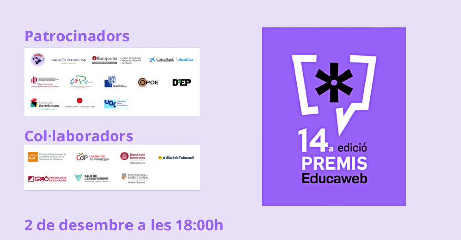 CopecPedagogs's tweet photo. 📢 PREMIS EDUCAWEB
@EDUCAWEB
T'animem a inscriure't al la 14a edició dels Premis d'Educaweb d'Orientació Acadèmica i Professional, on el COPEC és entitat patrocinadora.
🗓️ 2 de desembre a les 18:00h.
👉 Inscripcions: https://t.co/g0q3ao6cb8
#Pedagogia #Orientació https://t.co/aYaBHC92zr