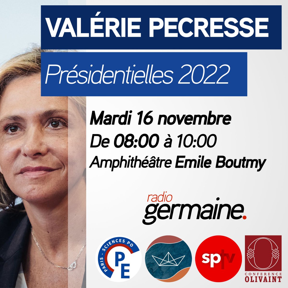 Rencontre avec Valérie Pecresse (<a href="/vpecresse/">Valérie Pécresse</a>) !
<a href="/avecValerie/">Avec Valérie</a> @AvecVpecresse <a href="/ParisPecresse/">PARIS Avec Valérie PECRESSE</a> 
Invitée par <a href="/ParlementScPo/">Parlement des Étudiants - Sciences Po Paris</a>, avec <a href="/sciencespotv/">Sciences Po TV</a>, <a href="/Olivaint1874/">Conférence Olivaint</a>, <a href="/LaPeniche/">La Péniche</a> et Radio Germaine ! 
📋 Inscription étudiant.e.s ScPo : forms.gle/Tu2p74iueCzoKH…
Externes : forms.gle/3WAFhTr6DXJRB7…