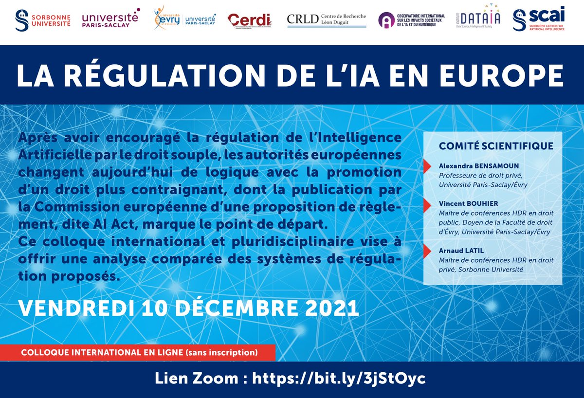 alexbensamoun's tweet image. ⚠️ Colloque en ligne sur la régulation de l’ #IA le 10 décembre, avec not. @ReVe6el @DHoutcieff @C_LeqRth @Th_Douville @NMBlex @arnaudltl @vbouhier @lydiamorlet @Conseil_Etat @CoE_fr 
Un événement @InstitutDATAIA @UnivParisSaclay @CerdiSaclay @CRLD_UnivEvry @Sorbonne_Univ_ #SCAI