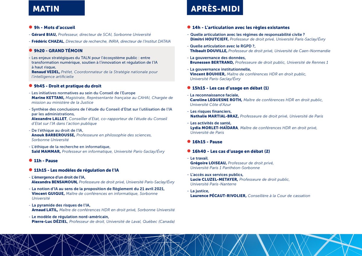 Alexandra Bensamoun (@alexbensamoun) on Twitter photo ⚠️ Colloque en ligne sur la régulation de l’ #IA le 10 décembre, avec not. <a href="/ReVe6el/">Renaud VEDEL</a> <a href="/DHoutcieff/">Dimitri Houtcieff</a> <a href="/C_LeqRth/">Caroline Lequesne</a> <a href="/Th_Douville/">Thibault Douville</a> <a href="/NMBlex/">N. Martial-Braz</a> <a href="/arnaudltl/">Arnaud Latil</a> <a href="/vbouhier/">Vincent Bouhier</a> <a href="/lydiamorlet/">morlet</a> <a href="/Conseil_Etat/">Conseil d'État</a> <a href="/CoE_fr/">Conseil de l'Europe</a>
Un événement <a href="/InstitutDATAIA/">Institut DATAIA Paris-Saclay</a> <a href="/UnivParisSaclay/">Université Paris-Saclay</a> <a href="/CerdiSaclay/">CERDI Paris-Saclay</a> <a href="/CRLD_UnivEvry/">Centre de Recherche Léon Duguit - UEVE</a> <a href="/Sorbonne_Univ_/">Sorbonne Université</a> #SCAI ⚠️ Colloque en ligne sur la régulation de l’ #IA le 10 décembre, avec not. <a href="/ReVe6el/">Renaud VEDEL</a> <a href="/DHoutcieff/">Dimitri Houtcieff</a> <a href="/C_LeqRth/">Caroline Lequesne</a> <a href="/Th_Douville/">Thibault Douville</a> <a href="/NMBlex/">N. Martial-Braz</a> <a href="/arnaudltl/">Arnaud Latil</a> <a href="/vbouhier/">Vincent Bouhier</a> <a href="/lydiamorlet/">morlet</a> <a href="/Conseil_Etat/">Conseil d'État</a> <a href="/CoE_fr/">Conseil de l'Europe</a>
Un événement <a href="/InstitutDATAIA/">Institut DATAIA Paris-Saclay</a> <a href="/UnivParisSaclay/">Université Paris-Saclay</a> <a href="/CerdiSaclay/">CERDI Paris-Saclay</a> <a href="/CRLD_UnivEvry/">Centre de Recherche Léon Duguit - UEVE</a> <a href="/Sorbonne_Univ_/">Sorbonne Université</a> #SCAI