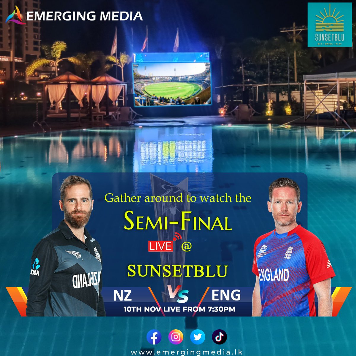 Join us at Sunsetblu to witness this epic encounter! #ENGvsNZ on #T20WorldCup first semi-final from 7:30PM onwards. 🤩🏏
.
.
.
.
.
.
#EmergingMedialk #Sunsetblu #T20WC2021 #t20worldcup2021 #CricketTogether #LiveTheGame #live #colombo #SriLanka