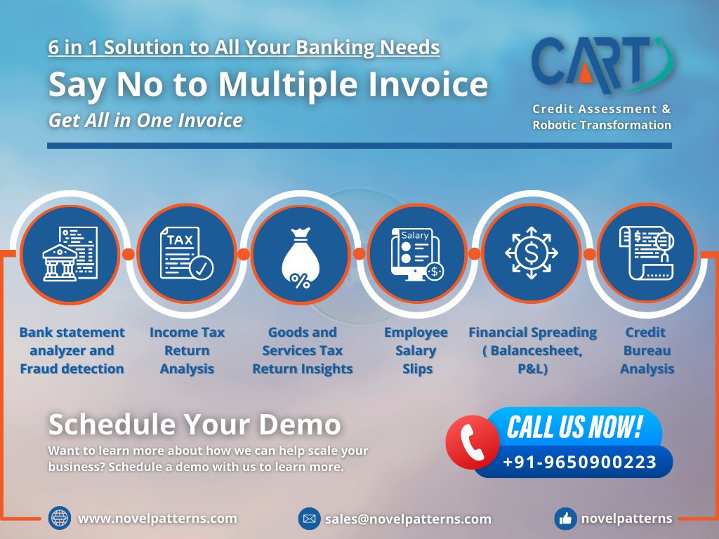 PatternsNovel's tweet photo. Simplify banking operations with @PatternsNovel One Stop Solution #CART, which offers 6 in 1 core solution that streamlines financial institutions' operations.
#NovelPatterns #Fintech #Bankstatementanalyser #ITR #gstreturn #payslips #financialinclusion #creditscore #AI https://t.co/nr0JoVvMhR