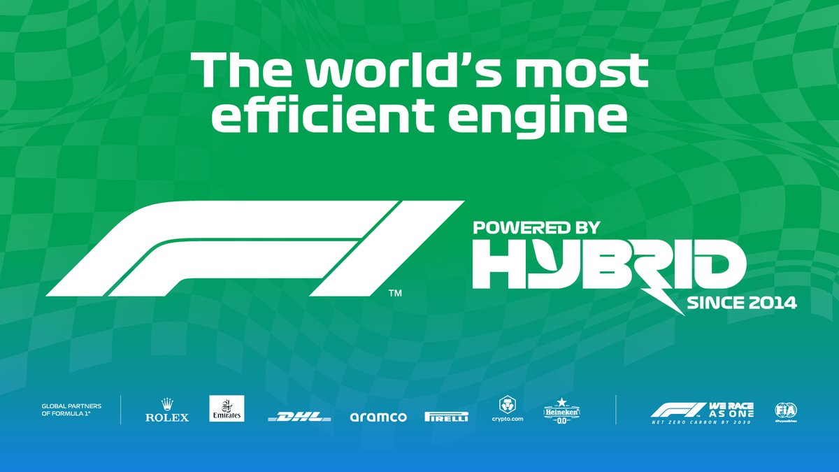 F1Media's tweet photo. We have the most efficient engine in the world and its a hybrid! To increase awareness of this incredible tech  you will see our new graphics around the circuit from Brazil onwards. Next step is 100% sustainably fuelled hybrid that will be a game changer for global auto emissions https://t.co/Nd9LnS9D7g