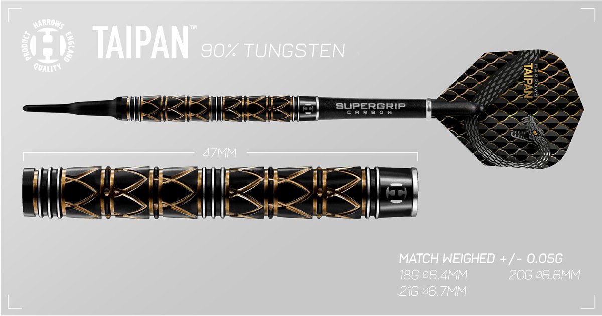 🐍 Taipan 90% 🐍

Intricately designed and expertly manufactured, we present Taipan.

This 90% tungsten dart combines a mix of complex machining techniques, resulting in a truly unique product.

🎯 Steeltip 21g – 26g
🎯 Softip 18g, 20g and 21g

#NewProduct #DefyLimits #Darts