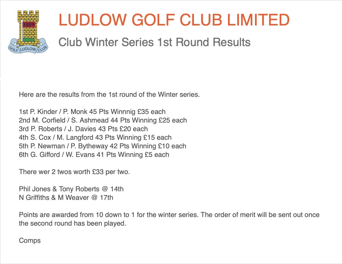 Our Club Winter Series has started! 

Players gain points for the order of merit if they finish in the top 10 of the competition. 

The winners of the 1st round were Phil Kinder &amp; Pete Monk who had 45 points and earn 10 points in the order of merit.

See photo for more results...