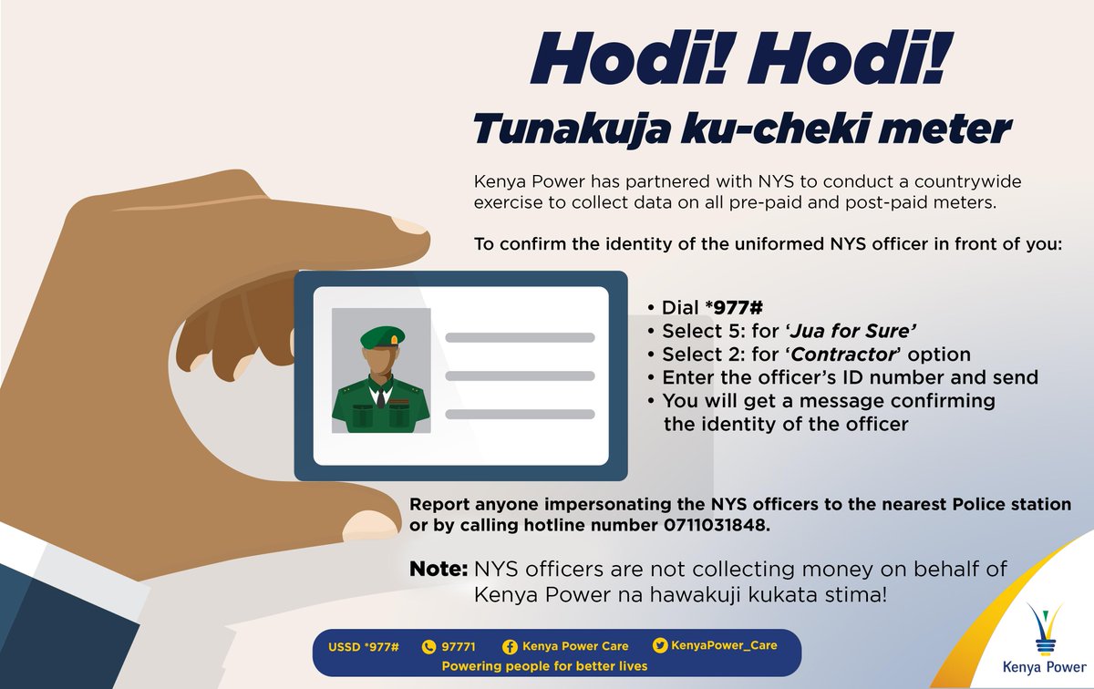NationAfrica's tweet photo. SP: Kenya Power has partnered with NYS to collect data countrywide.
Follow the steps below to identify a uniformed NYS agent. Don’t worry, they aren't collecting money on behalf of Kenya Power na hawakuji kukata stima!
#DigitizingTheGrid #ServingYouBetter https://t.co/w7VZdwBWS8