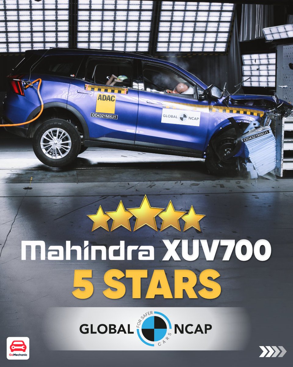 GoMechanic_Blog's tweet photo. The recently launched Mahindra XUV 700 has scored a prestigious 5-star rating in the Global NCAP crash test. More on #TheGoMechanicBlog
https://t.co/9OkCf2WyzM
#fivestars #gncap #ncap #crashtest #mahindra #mahindraxuv #mahindraxuv700 #xuv700 https://t.co/O2k6dQdoRu