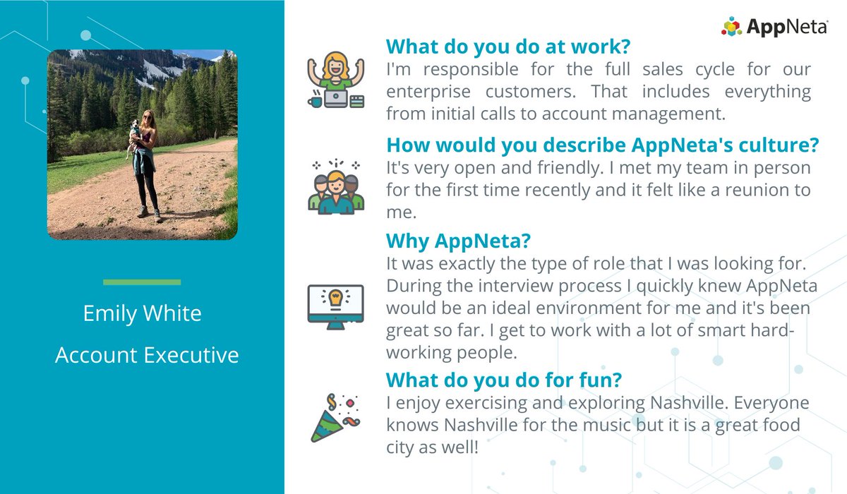 NetOpsByBRCM's tweet photo. We’ve got an amazing crew of #AppNetians who are constantly working behind the scenes to bring enterprises comprehensive #WorkFromAnywhere visibility. This week, we’re shining a light on Account Executive Emily White! #MeetOurNetwork
https://t.co/hL5fh2hnMJ https://t.co/yPjscBwJjX