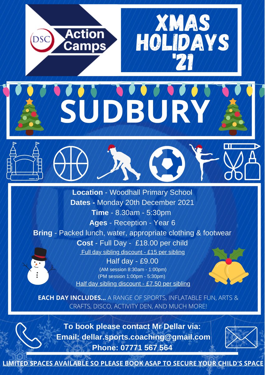 Dellar_SC's tweet image. 🎄DSC Christmas Action Camps
We are now taking bookings for our action camps that will be running this festive period
📍6 different Camp locations
🎄Variety of different activities
⚽️Football camp @ NewmarketTFC
For details &amp;amp; how to book, please attached leaflets
#TeamDSC🔴⚪️🔵
