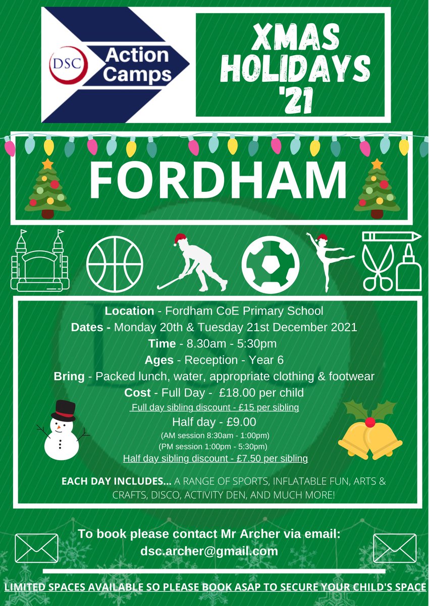 Dellar_SC's tweet image. 🎄DSC Christmas Action Camps
We are now taking bookings for our action camps that will be running this festive period
📍6 different Camp locations
🎄Variety of different activities
⚽️Football camp @ NewmarketTFC
For details &amp;amp; how to book, please attached leaflets
#TeamDSC🔴⚪️🔵