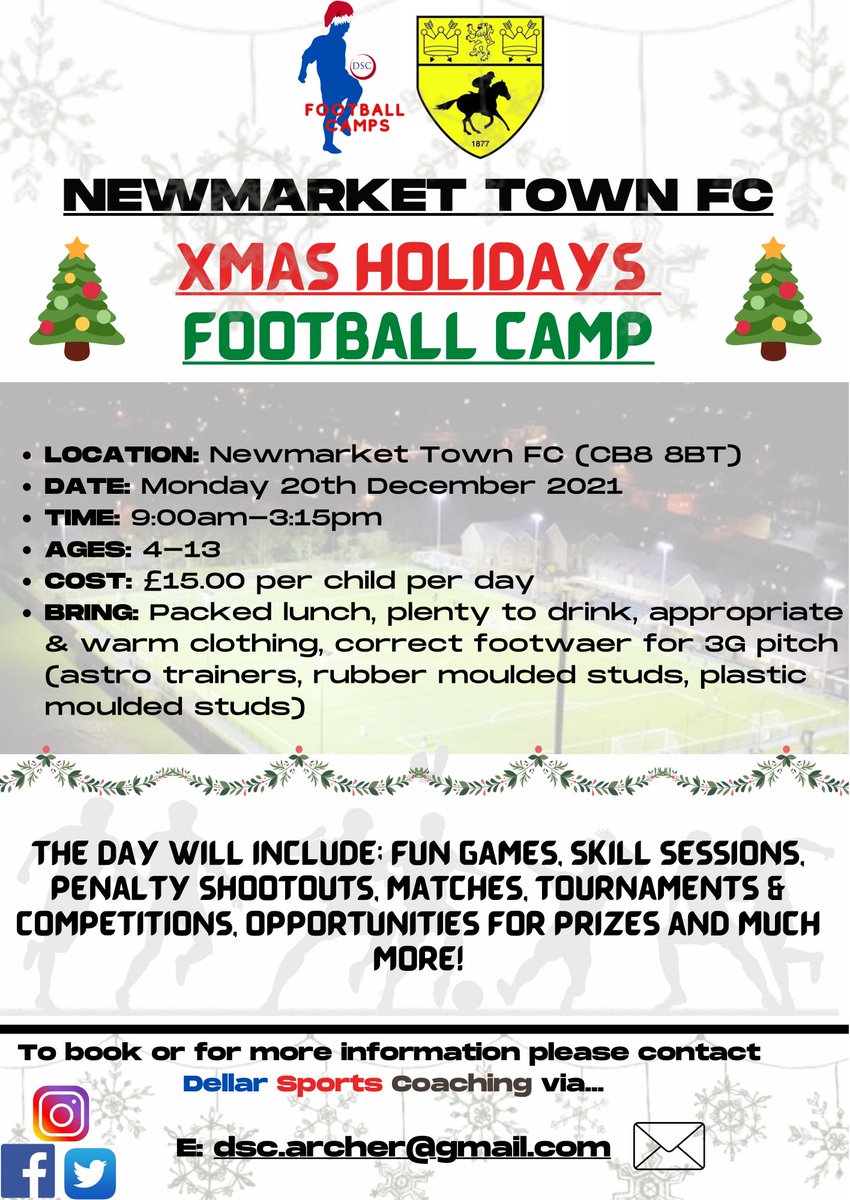 Dellar_SC's tweet image. 🎄DSC Christmas Action Camps
We are now taking bookings for our action camps that will be running this festive period
📍6 different Camp locations
🎄Variety of different activities
⚽️Football camp @ NewmarketTFC
For details &amp;amp; how to book, please attached leaflets
#TeamDSC🔴⚪️🔵