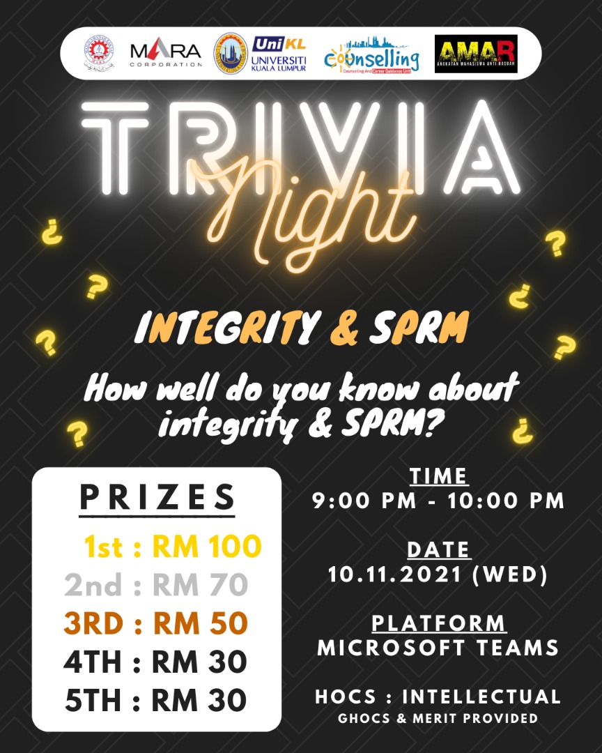 srcuniklmiat's tweet photo. Angkatan Mahasiswa Anti Rasuah Club 20/21 or known as AMAR club will be organizing : ⁣
⁣🎭TRIVIA NIGHT🎪⁣ ⁣
⁣
Get ready guys, We are waiting for you‼️⁣

⁣link :https://t.co/g8iGQJNC2e

💰 Cash Prizes await for winners! https://t.co/nkzdC8ii8V