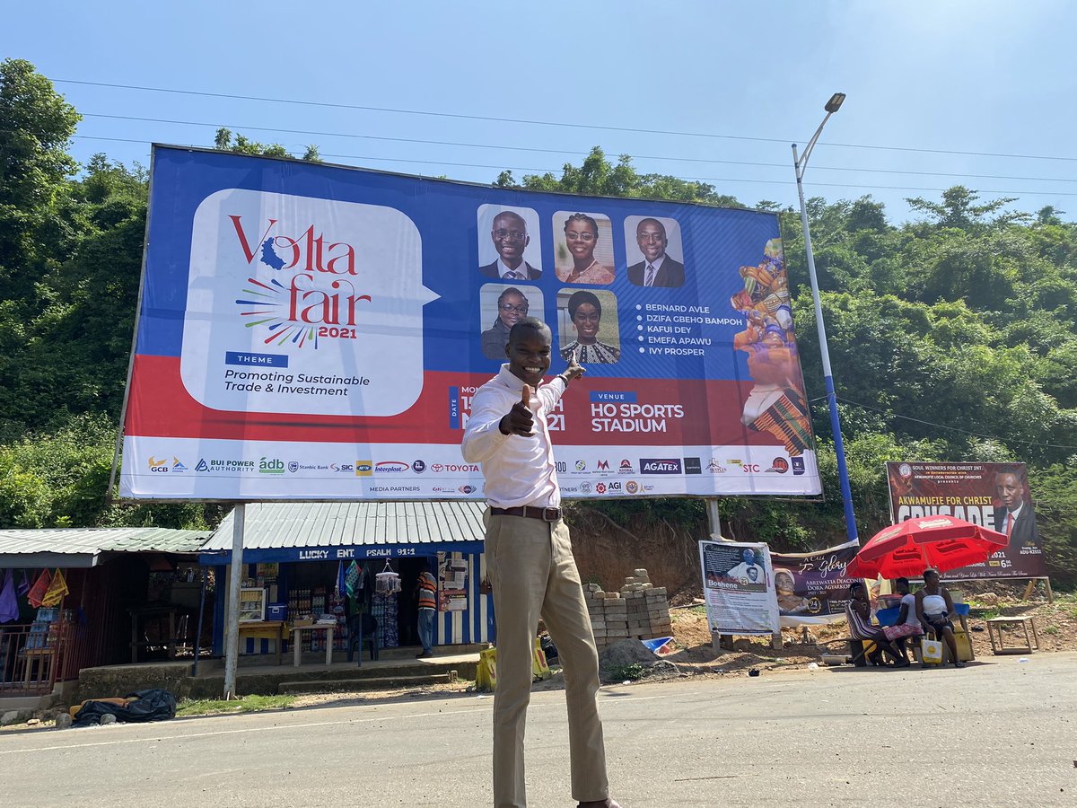 CalebKudah's tweet photo. I was excited to be greeted by this huge billboard at #Atimpoku advertising #VoltaFair with my boss @benkoku up there with great personalities of the soil in the media space! Let me take you to #Atimpoku on #AboutTown today at 7pm on @CitiTVGh https://t.co/Q1SZA5T06h