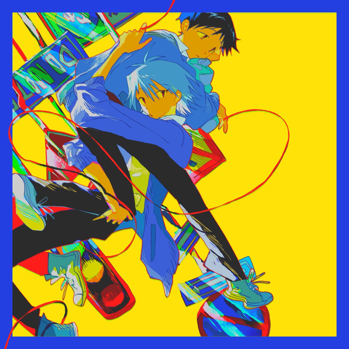 ikari shinji ,nagisa kaworu 2boys multiple boys male focus shoes short hair pants blue hair  illustration images