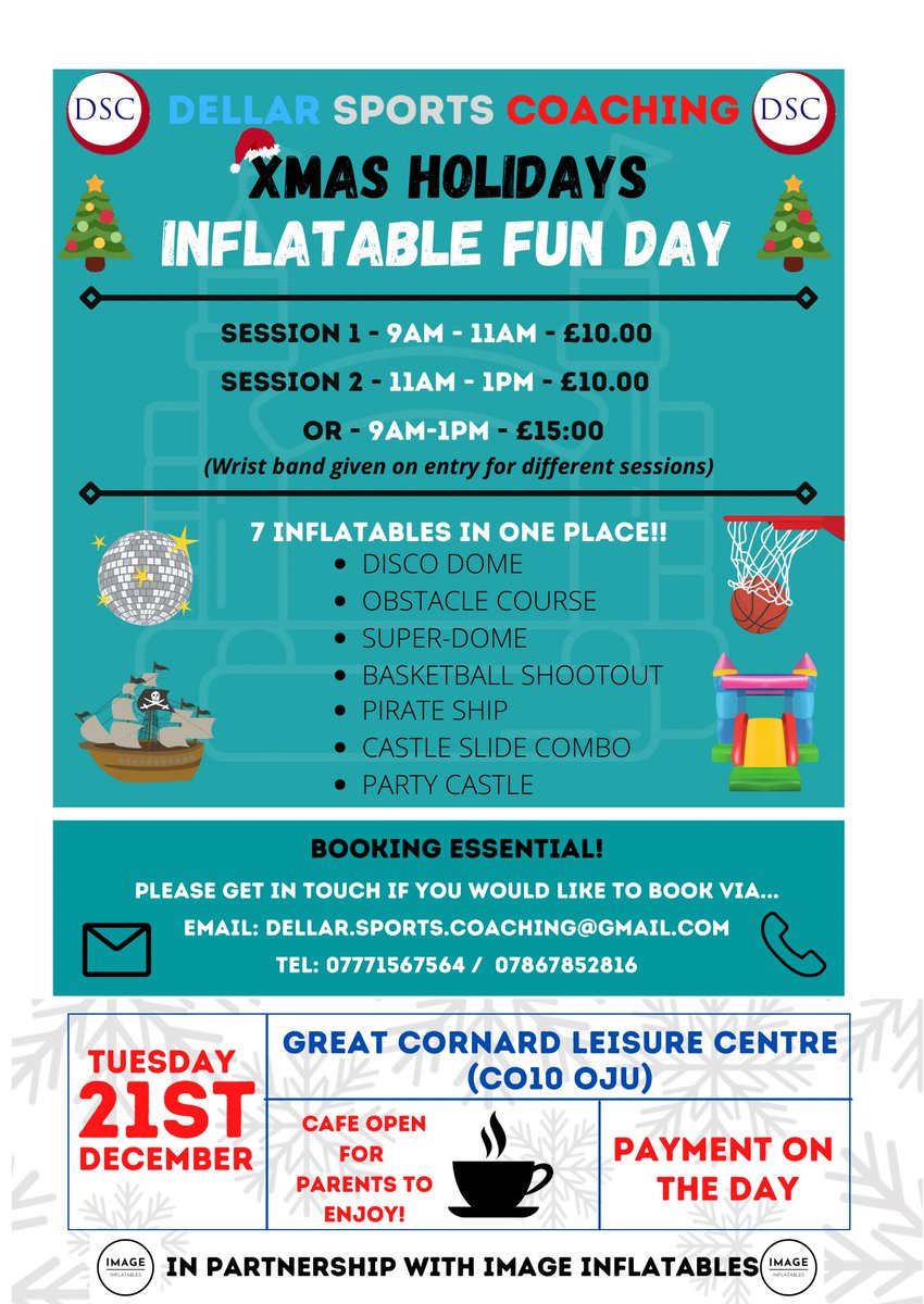 Dellar_SC's tweet image. BRAND NEW‼️
🎄 DSC Christmas Inflatable Fun Day
This festive period we will be hosting a fun filled day of inflatables for your children. With 7 inflatables in one place.
To make a booking contact with the details provided in the leaflet below.
#TeamDSC #ImageInflatables