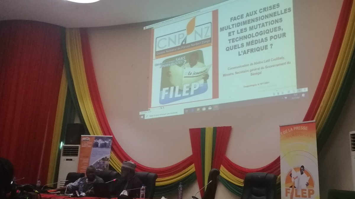 CnpNorbertZongo's tweet photo. Face aux crises multidimensionnelles et mutations technologiques,quels médias pour l'Afrique ?

Le thème de la conférence inaugurale du #Filep2021 avec M. Latif Coulibaly, éditorialiste, journaliste d'investigation, actuel ministre secrétaire général du gouvernement au #Sénégal. https://t.co/giU8cFQiVy