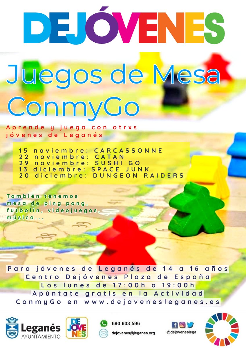 Juegos de Mesa ConmyGo!
🏰 Carcassonne
🌄 Catan
🍣 Sushi Go
🚀 Space Junk
👹 Dungeon Raiders
Si eres de Leganés y tienes entre 14 y 16 años, ven a aprender y jugar con otrxs jóvenes a juegos de mesa.
Actividad gratuita!
Apúntate en dejovenesleganes.es