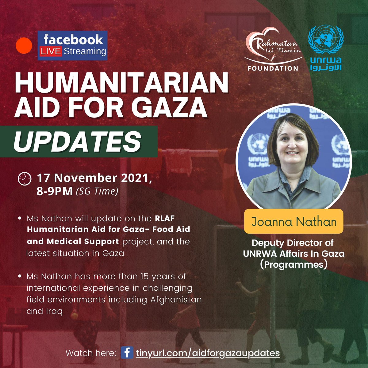 Interested to find out the latest situation in Gaza?

📺 Join our livestream here on 17th November (Wed) at 8pm SGT: tinyurl.com/aidforgazaupda…

#livestream #gaza #unrwa #humanitarian
