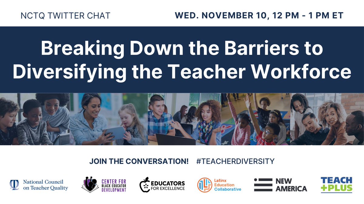 It’s well-documented that teachers of color have a positive impact on all students, yet the profession remains overwhelmingly White. Today at noon ET we chat w/<a href="/CenterBlackEd/">Center for Black Educator Development</a> <a href="/Ed4Excellence/">Educators for Excellence (E4E)</a> <a href="/LatinxEdCo/">Latinx Education Collaborative</a> <a href="/NewAmerica/">New America</a> &amp; @TeachPlus about breaking down the barriers to #teacherdiversity