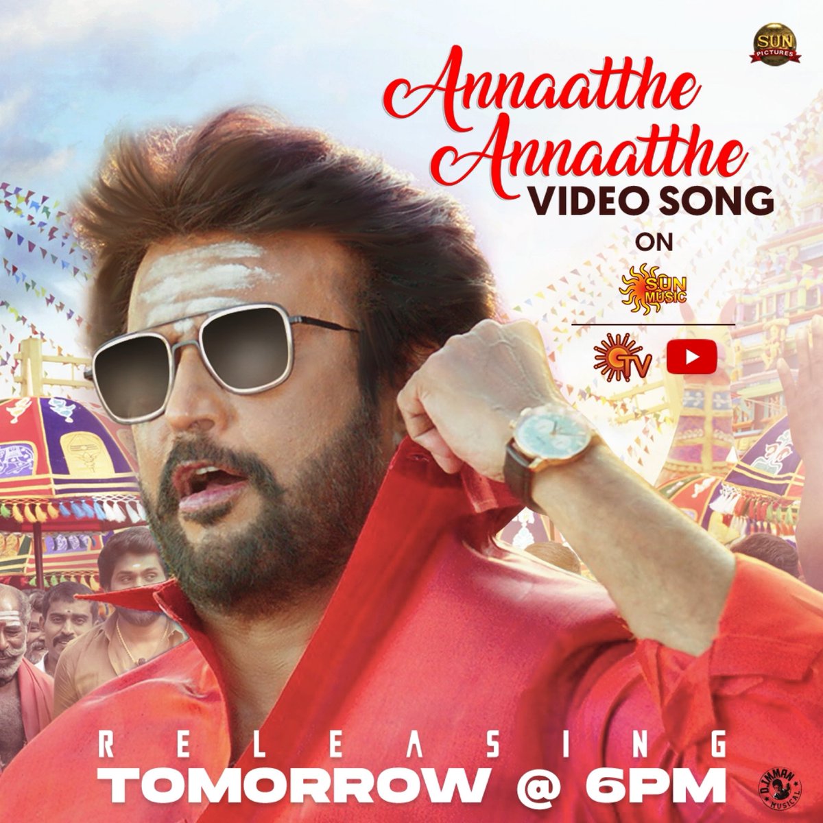 #AnnaattheAnnaatthe Video song  from tomorrow! 6pm! On SunTv and YouTube!
#DImmanMusical
Praise God!

@directorsiva @sunpictures @rajinikanth
