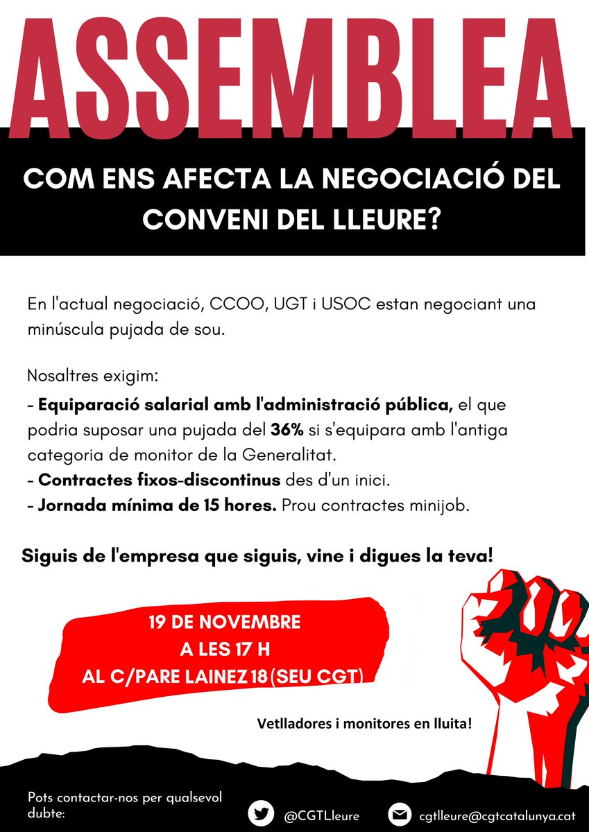 CGTlleure's tweet photo. 𝗧𝗿𝗲𝗯𝗮𝗹𝗹𝗲𝘀 𝗱𝗲 𝗺𝗼𝗻𝗶𝘁𝗼𝗿/𝗮 𝗼 𝘃𝗲𝘁𝗹𝗹𝗮𝗱𝗼𝗿/𝗮? 

Actualment CCOO, UGT i USOC estan negociant el nou conveni del lleure. Les seves demandes són irrisòries, però tot i això la negociació no avança.

Nosaltres exigim l'equiparació amb l'administració pública! https://t.co/0WnCFw9ktI