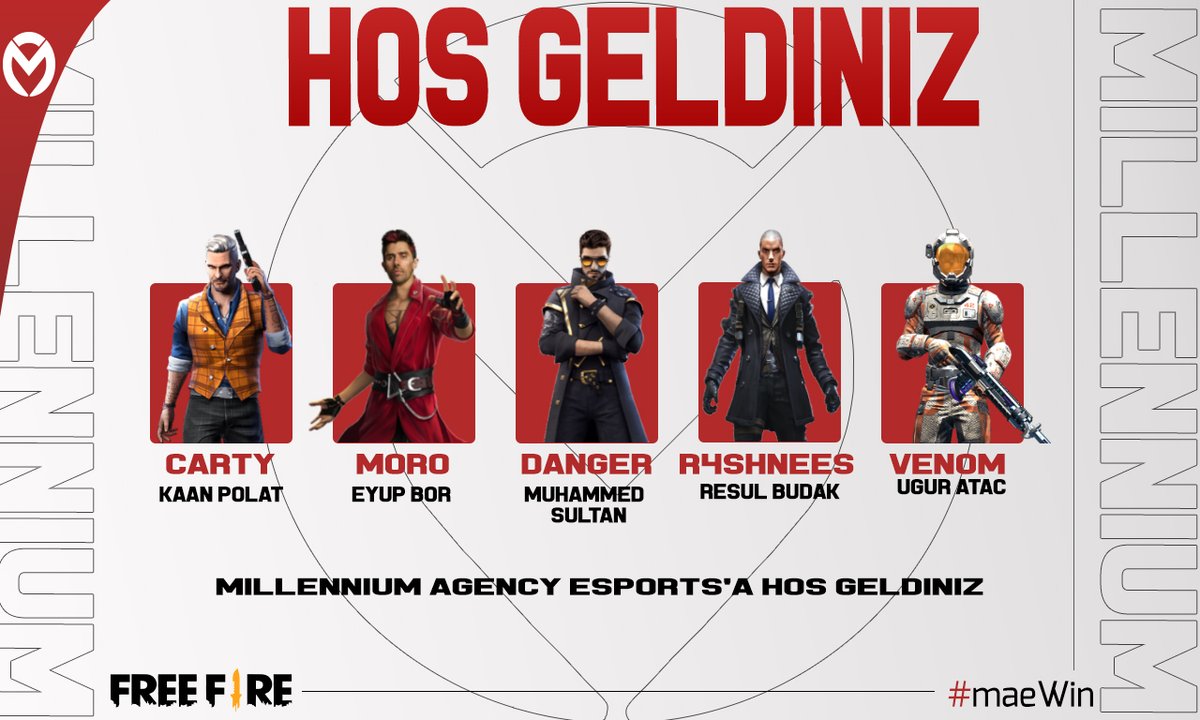 millenniumesc's tweet photo. Yeni bir destan yazmaya geldiler!
İşte karşınızda Free Fire kadromuz.

🇹🇷 Kaan"Carty" Polat

🇹🇷 Eyüp "moro" BOR

🇹🇷 Muhammed "Danger" SULTAN

🇹🇷 Resul "R4shness" BUDAK

🇹🇷 Uğur "Venom" ATAÇ

Free Fire arenasında artık bizde varız.
#maeWin 🔥 https://t.co/dzHoypAmxc