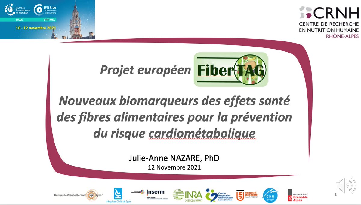 Julie-Anne Nazare, directrice du CRNH, présente le 12/11 à 14h15 à JFN Live 1 les avancées du projet européen FiberTAG lors de la session conjointe "les CRNHs dans les projets collaboratifs en prévention prise en charge et physio-pathologie du syndrome métabolique" #JFNLive