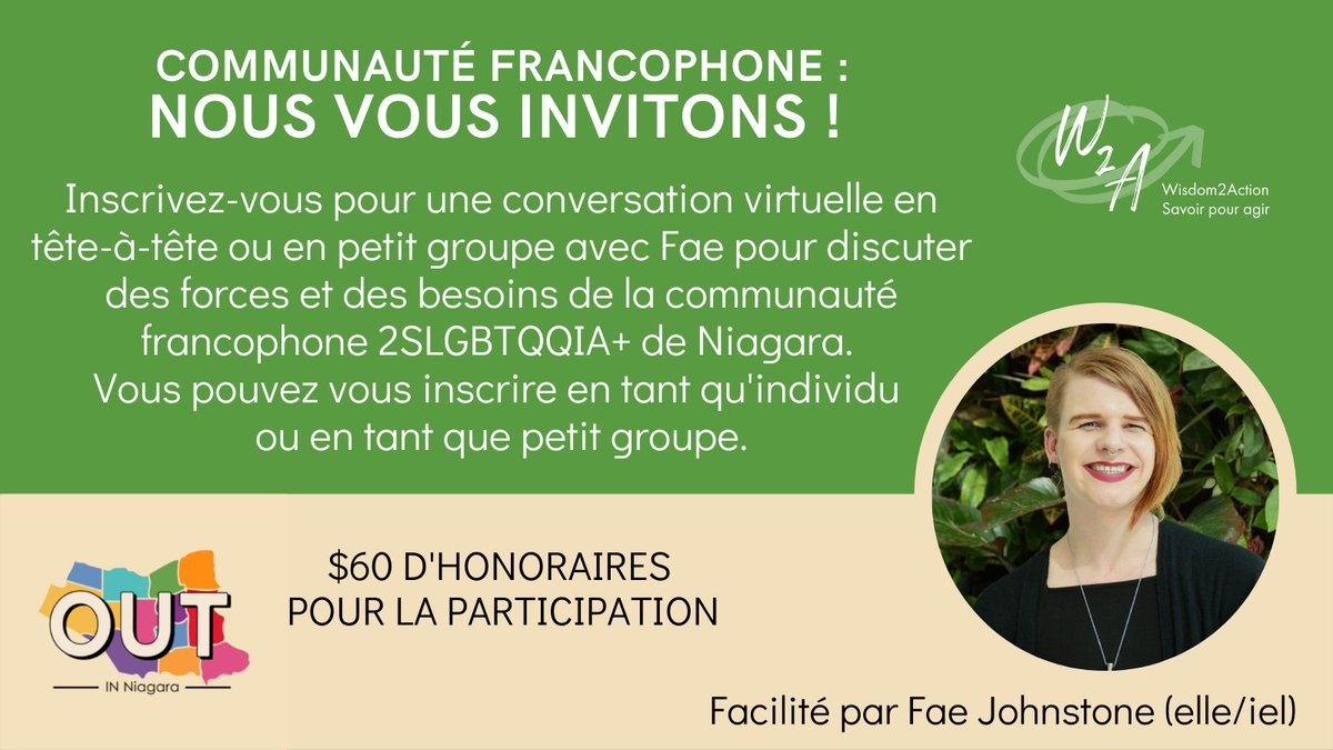 outniagara's tweet photo. Nous invitons les membres de la communauté 2SLGBTQQIA+ de Niagara qui sont francophones à s’inscrire à une conversation - un honoraire de 60 $ pour vous dédommagement pour son temps et ses efforts. https://t.co/QJxmnETiYM @Wisdom2Action https://t.co/3o6b4yoJyZ