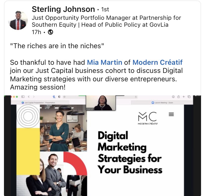 moderncreatif's tweet photo. ✨Thank you Sterling Johnson and Kaziem Woodbury for the opportunity to discuss Digital Marketing strategy with the Just Capital cohort.✨

#entrepreneurship #businessgrowth # #marketingstrategy #JustCapital  #ModernCreatif #MiaDMartin https://t.co/MBwtQamUm1