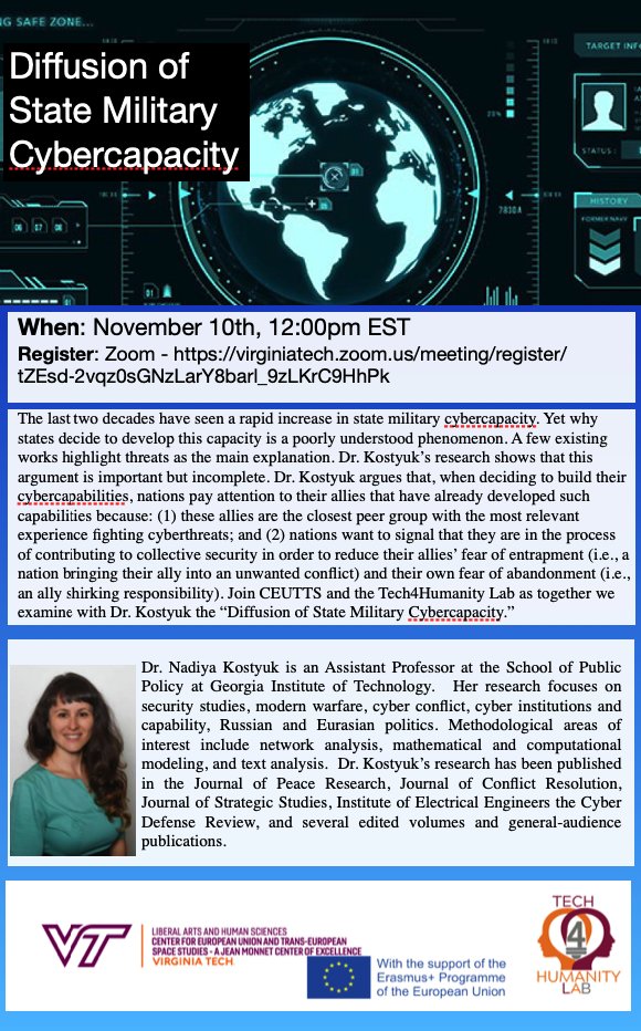 BitsBytesRights's tweet photo. Join us today at 12:00 EST - @NadiyaKostyuk will discuss The Diffusion of Military Cyber Capacity @AfterWestphalia and @ceuttss. @VT_LiberalArts @VTPSCI @humanities_tech 

https://t.co/4W6NtMLwKi https://t.co/k4rnOTtjJh