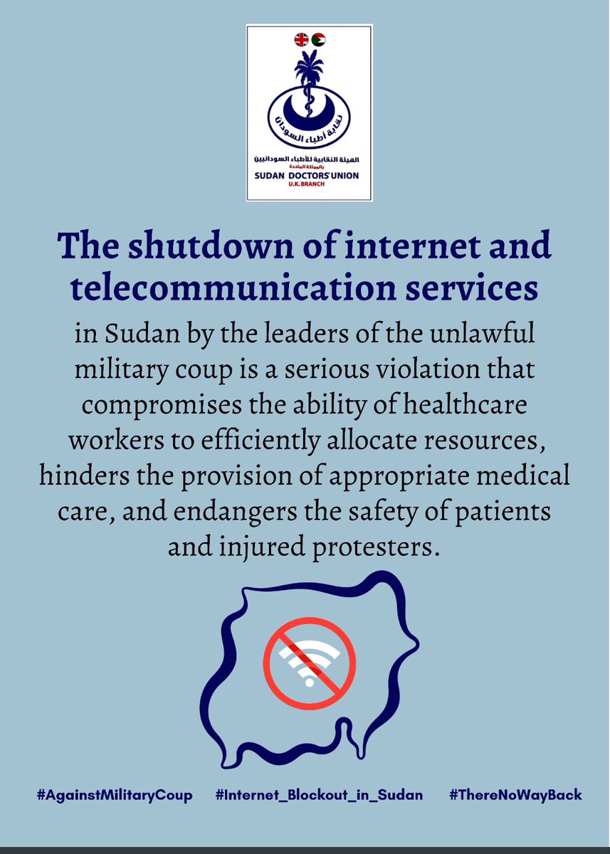 NoonbitNour's tweet photo. The shutdown of internet and telecommunication services in Sudan by the leaders of the the unlawful military coup is a serious violation.

#Therenowayback #AgainstMilitaryCoup 
#SudanCoup #internet_blockout_in_Sudan 
#مليونيه13نوفمبر https://t.co/fyPykBv28u