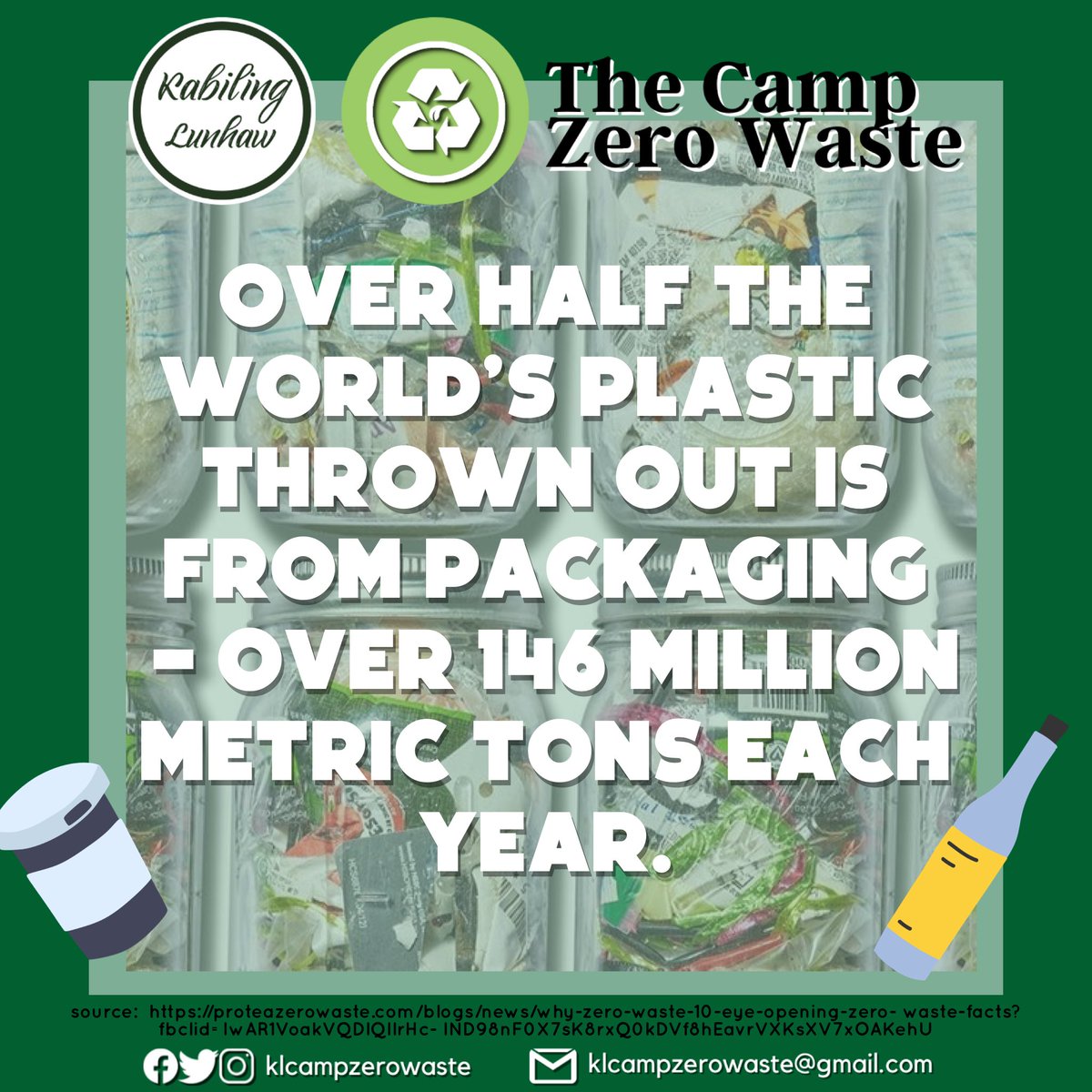KLCampZeroWaste's tweet photo. OVER HALF THE WORLD'S PLASTIC THROWN OUT IS FROM PACKAGING - OVER 146 MILLION METRIC TONS EACH YEAR.

Avoiding the usage of plastic on the daily is a challenge and the fact that trash production rates are growing by the day is very alarming. As responsible citizens of our planet, https://t.co/NmqozdaLoL