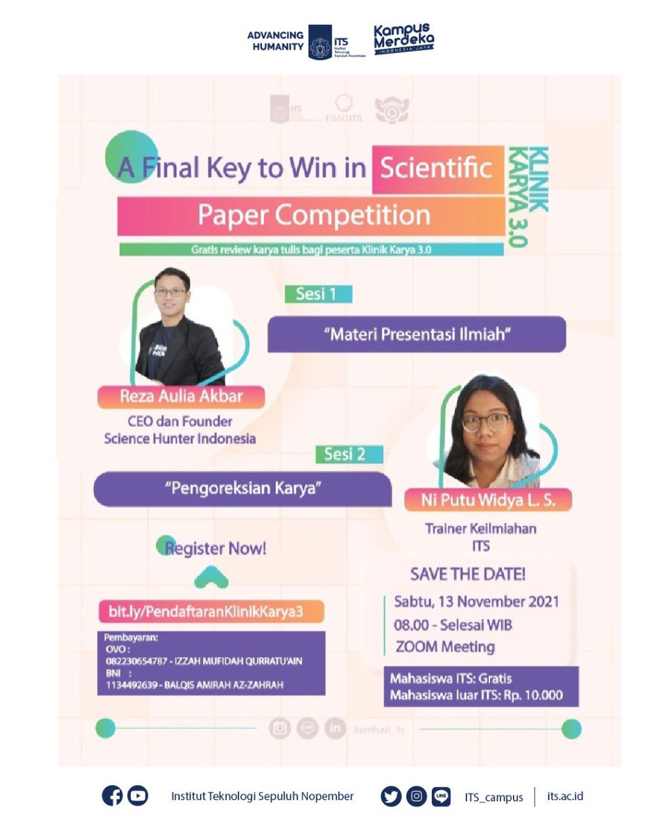 its_campus's tweet photo. Daftarkan diri pada link berikut dan
peserta bisa submit karya tulis di form pendaftaran:
bit(.)ly/PendaftaranKlinikKarya3
Penutupan pendaftaran Jum'at, 12 November 2021. Don't miss it!
#KLINIKKARYA3 #RisetdanTeknologiPurwalaksana #BEMFSAD #ITSSurabaya #ITSCampus https://t.co/Zm7bAkaaRX