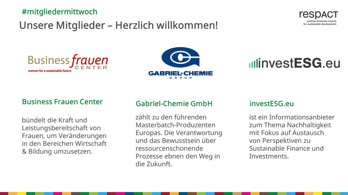 #mitgliedermittwoch
Es freut uns in der respACT-Familie  Business Frauen Center | Gabriel-Chemie Group  und investESG.eu willkommen zu heißen. Gemeinsam in Bewegung für eine nachhaltige Wirtschaft! Alle CSR-Profile: ow.ly/NrSc50GF6bF
#RESPonsibleACTion