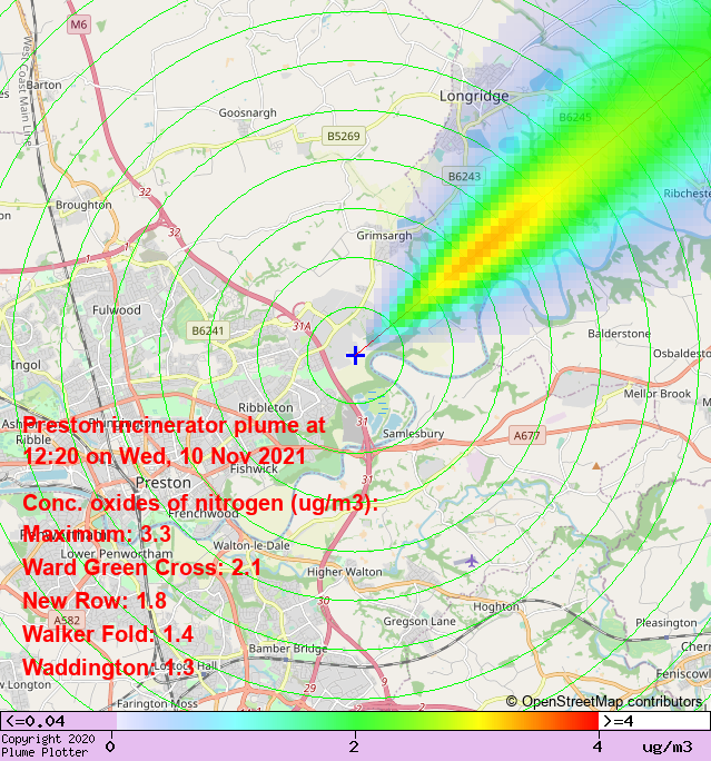 plumeplotter's tweet photo. Latest Preston incinerator plume plot, 12:20 10/11/21 #WardGreenCross #NewRow #WalkerFold https://t.co/vYUTMnLQDm https://t.co/Z70Udajlh2