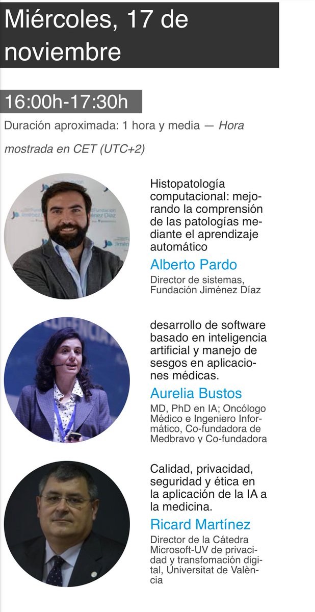 No te pierdas las jornadas de “Inteligencia Artificial en Medicina: de las implicaciones a las aplicaciones” organizada por la <a href="/UniversidadeUSC/">USC</a>. Participarán <a href="/Javi_Arcos_/">Javier Arcos</a>, coordinador de <a href="/UICOquironsalud/">UICO</a> y <a href="/alpardo/">Alberto Pardo</a>, Director de Sistemas <a href="/Hospital_FJD/">Fundación Jiménez Díaz</a> 

buff.ly/3BHpiIX