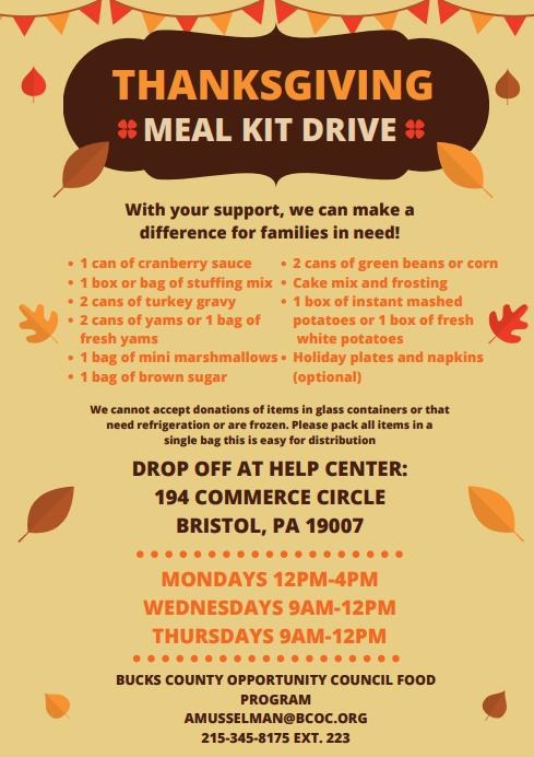 BCOpportunity's tweet photo. Donate a Thanksgiving meal kit to a local family in need. 🦃 Meal kits can be dropped off on Mon 12-4, Wed 9-12 &amp; Thursday 9-12 at the HELP Center until 11/19. See flyer below for details on how to help in #feedingourcommunity! https://t.co/tOAOQfq3qx