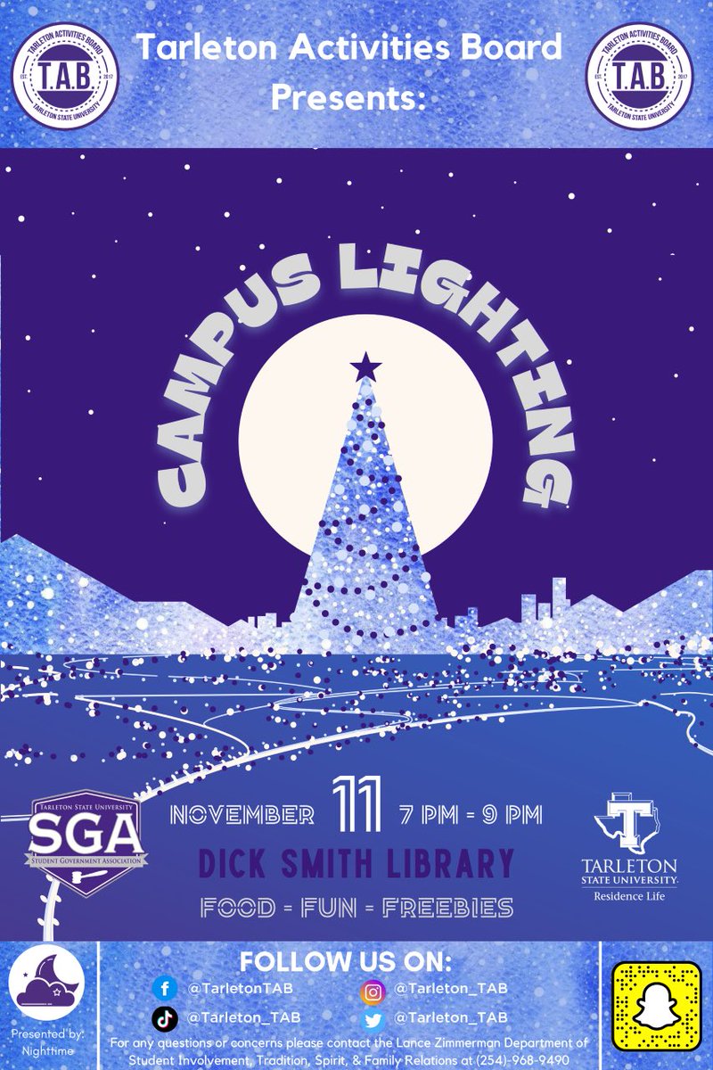 TarletonCLSO's tweet photo. Campus lighting will be tomorrow, November 11th from 7-9PM at the Dick Smith Library. Stop by for a bite to eat and support TAB! https://t.co/Mez0qbNUyg