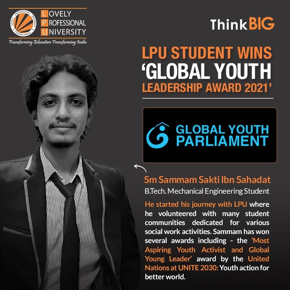 lpuuniversity's tweet image. LPU B.Tech. mechanical engineering student Sm Sammam Sakti Ibn Sahadat has done us proud by winning the &apos;Global Youth Leadership Award 2021&apos;!
#LPUStudentAchievements #EngineeringAtLPU #MechanicalEngineering #BTechAtLPU #Opportunities #Leadership #Awards #ThinkBIG