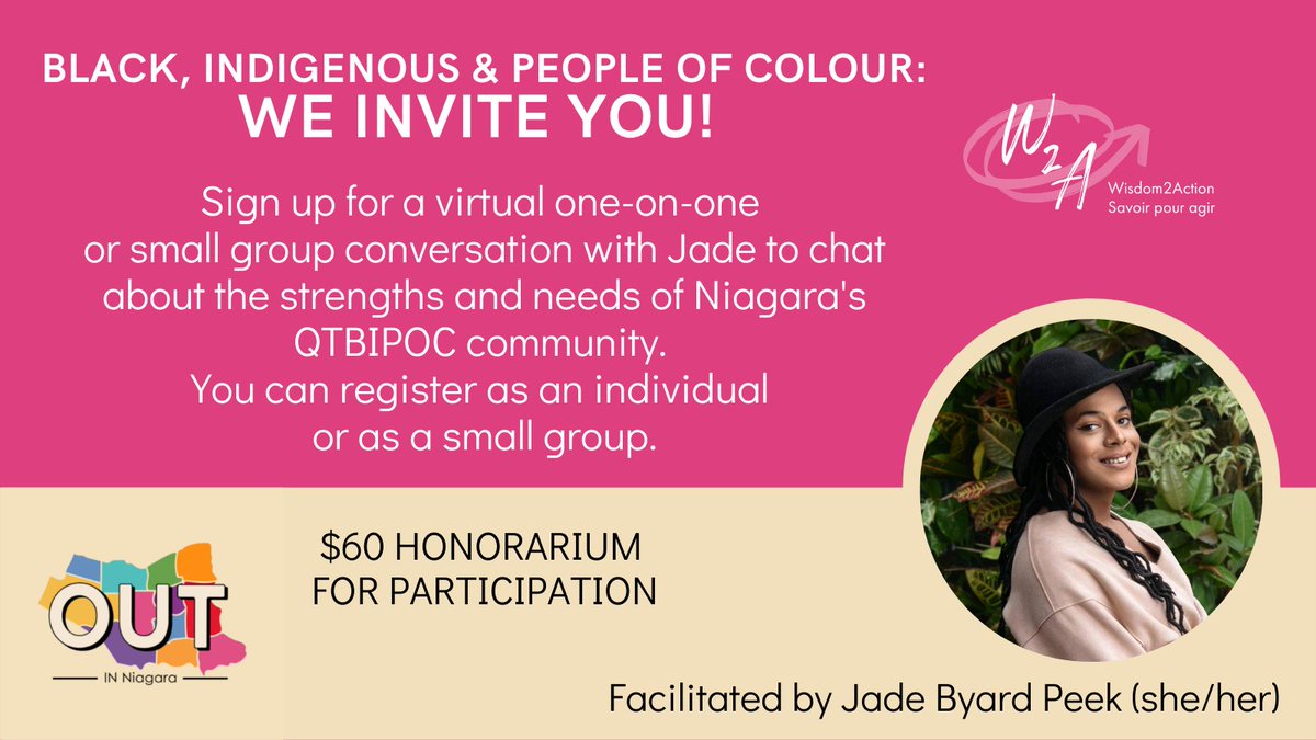 outniagara's tweet photo. We invite QTBIPOC (Queer and Trans Black, Indigenous and People of Colour) members of Niagara’s 2SLGBTQQIA+ community to sign up for a virtual one-on-one or small group conversation - each participant will receive an honorarium of $60! https://t.co/Rd0Rw19dSN 
@Wisdom2Action https://t.co/QUn7mJAREF