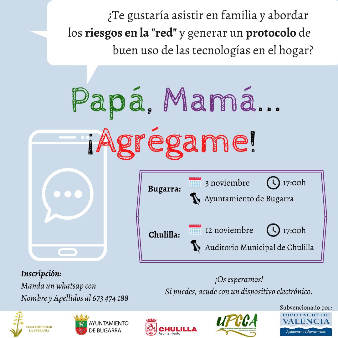 📣📣 Os recordamos la formación "𝗣𝗔𝗣Á, 𝗠𝗔𝗠Á...¡𝗔𝗚𝗥É𝗚𝗔𝗠𝗘!,  📳 🖥️⚠️ sobre Prevención de Tecnologías en el entorno Familiar. 

‼️Inscripción y asistencia abierta a toda la población de la Serranía.

Este viernes 12 se realizará la formación en #Chulilla a las 17:00h.