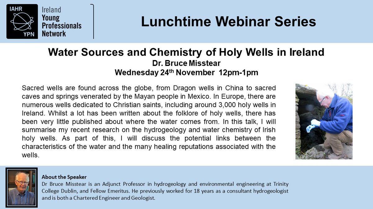 We are pleased to announce our first lunchtime webinar! Dr. Bruce Misstear will talk about the Water Sources and Chemisty of Holy Wells in Ireland. Please register for what is sure to be an interesting and engaging talk here: cutt.ly/GTogAtK 
#IAHR #YPN